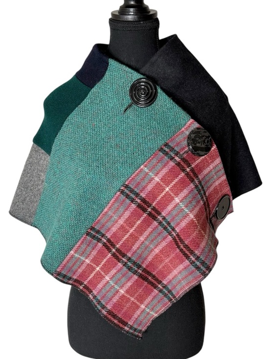 Adhesif Sweaters - ADHESIF Upcycled Recycled Wool Patchwork Cape Capelet Buttons One Of A Kind